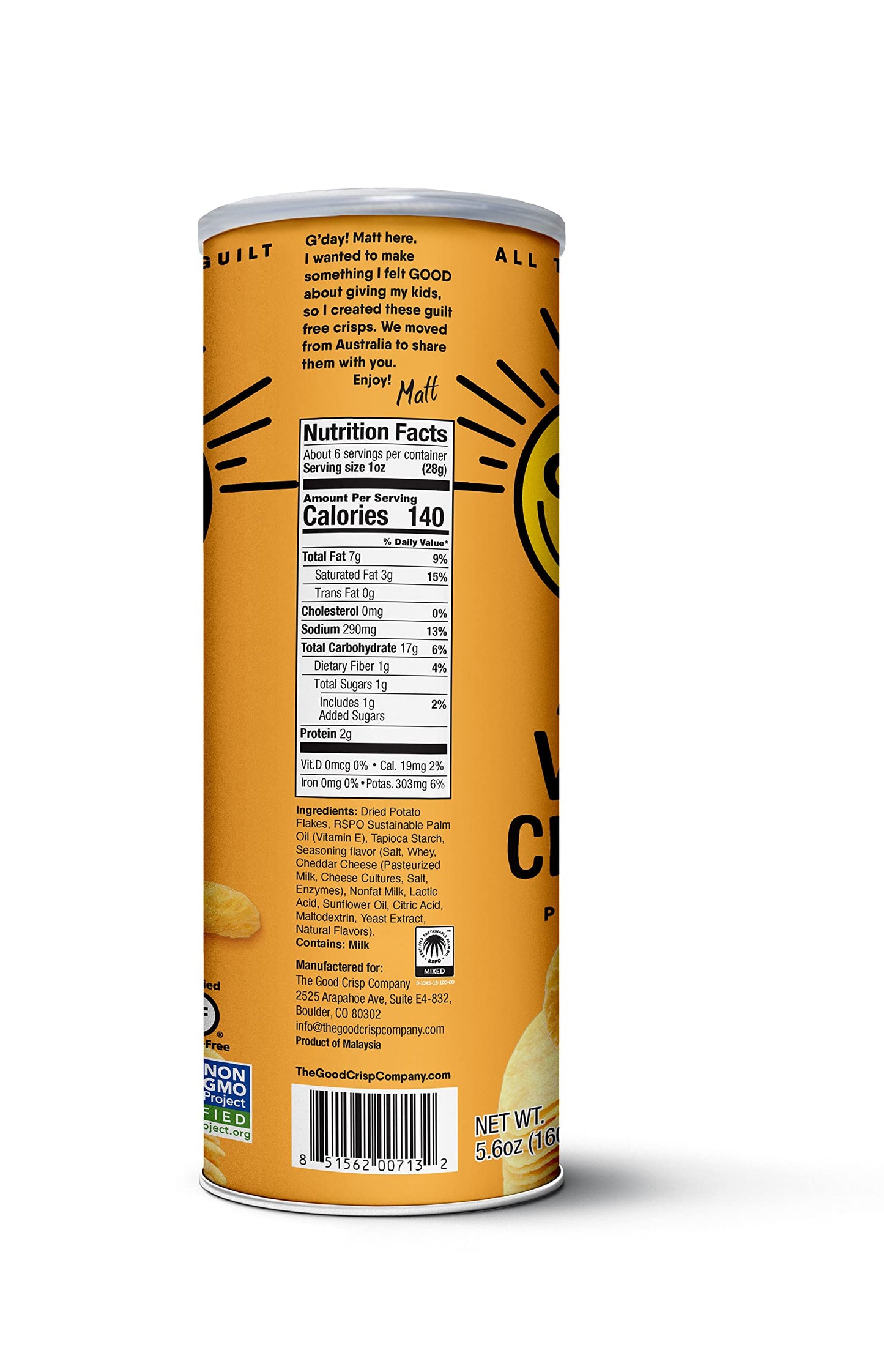 The Good Crisp Company, Aged White Cheddar, Gluten Free Potato Chips (5.6 Ounce Canisters, Pack Of 8), Non-Gmo, Allergen Friendly, Potato Chip Snack Pack, Gluten Free Snacks