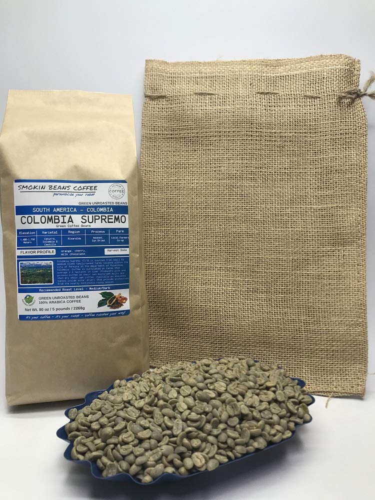Smokin Beans 5-Pound Colombia Supremo Unroasted Green Arabica Coffee Beans Specialty Grade