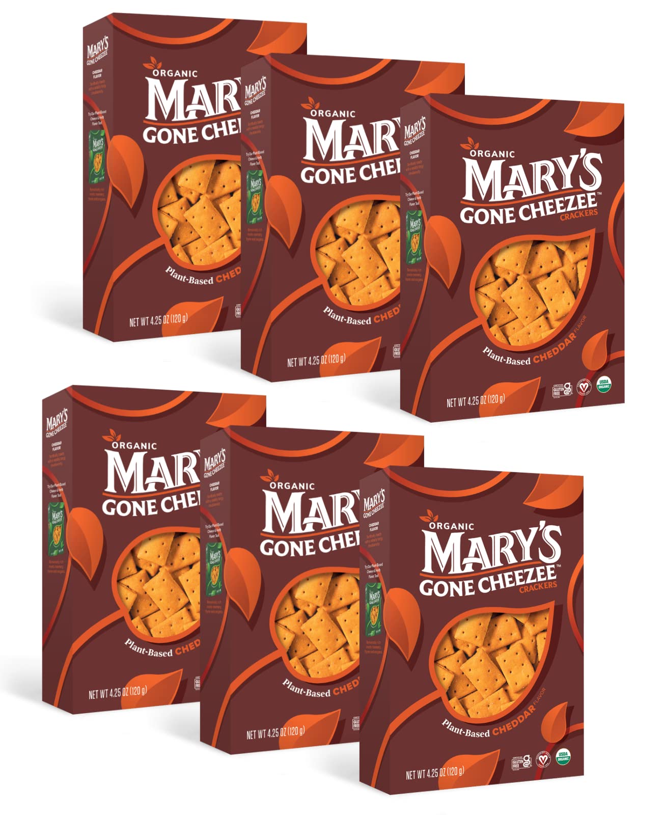 Marys Gone Cheezee Plant-Based Crackers, Cheddar Flavor, Vegan, Dairy Free, Toasty & Tangy Organic Snack, Family Size (6 Pack)