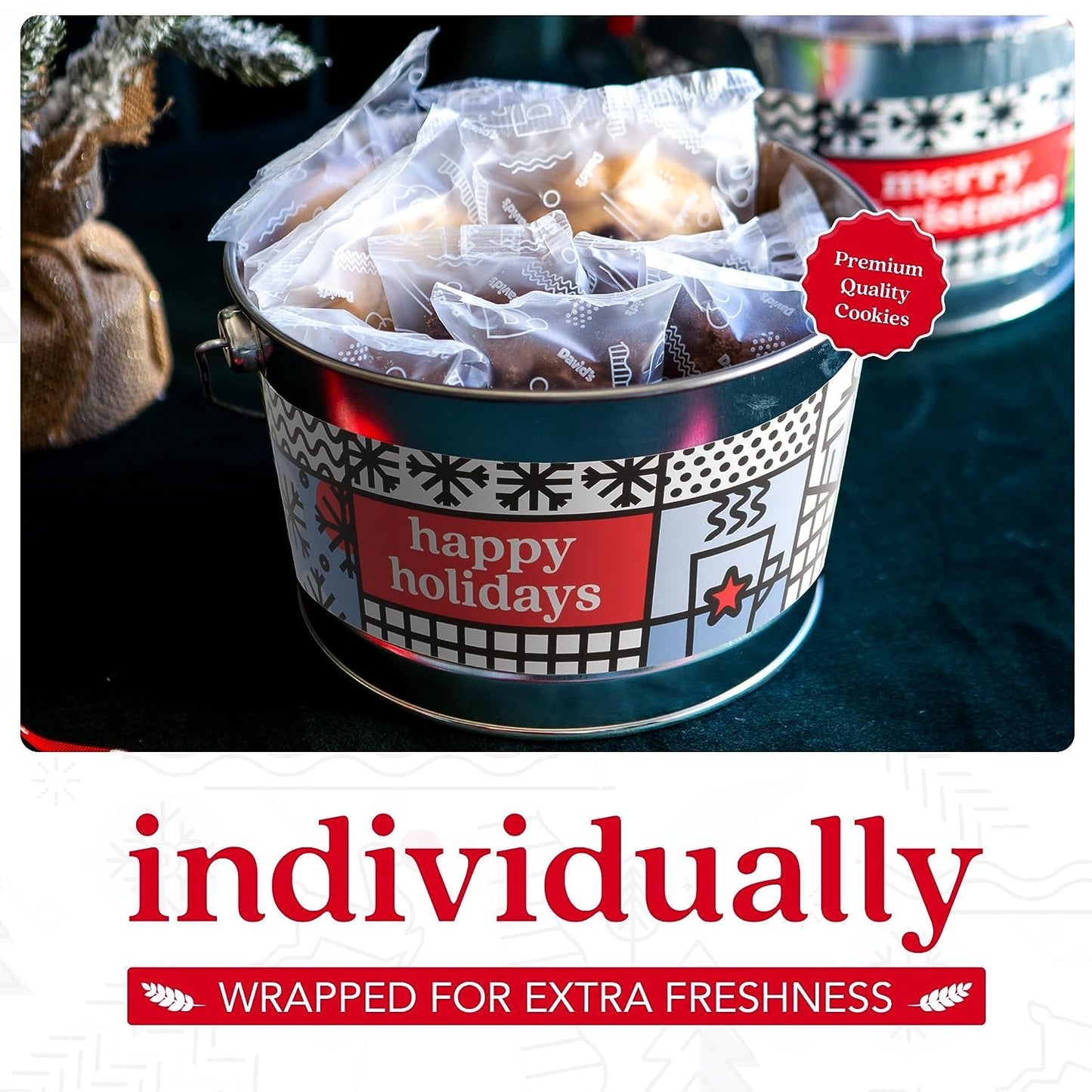 Davids Cookies Happy Holiday Assorted Cookies Bucket Sampler - 1.3Lbs Assorted Gourmet Cookies with Chocolate Chip Brownies and