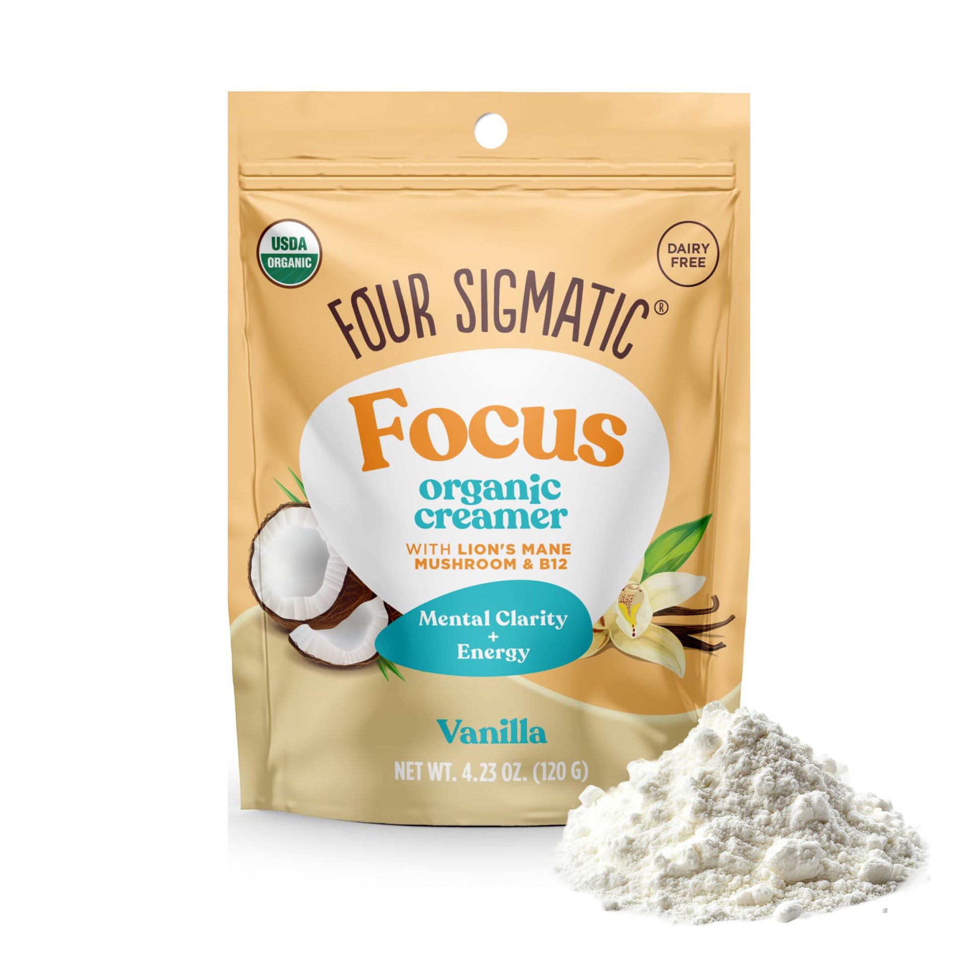 Four Sigmatic Focus Vanilla Coffee Creamer | Organic Non Dairy Coffee Creamer with Lions Mane and Vitamin B12 | Vanilla, 4.23 oz