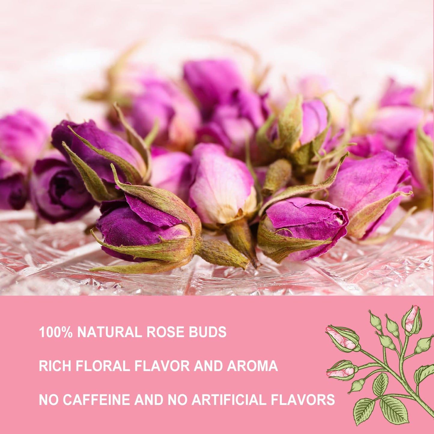 Olvvla - Dried Rose Bud For Fragrant Herbal Tea - 3.52Oz/100G - Delicate Sweet And Refreshing - Natural Pink Rosebud Flower For