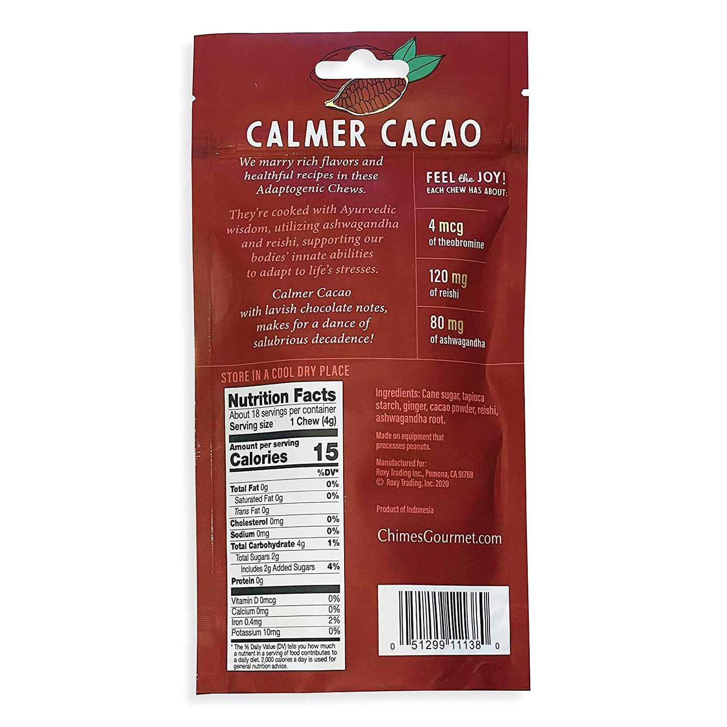 Chimes Calmer Cacao Adaptogen Ginger Chews Candy - (1 Pack With Ashwagandha, Reishi And Dark Cacao With Theobromine) Vegan, Gluten Free