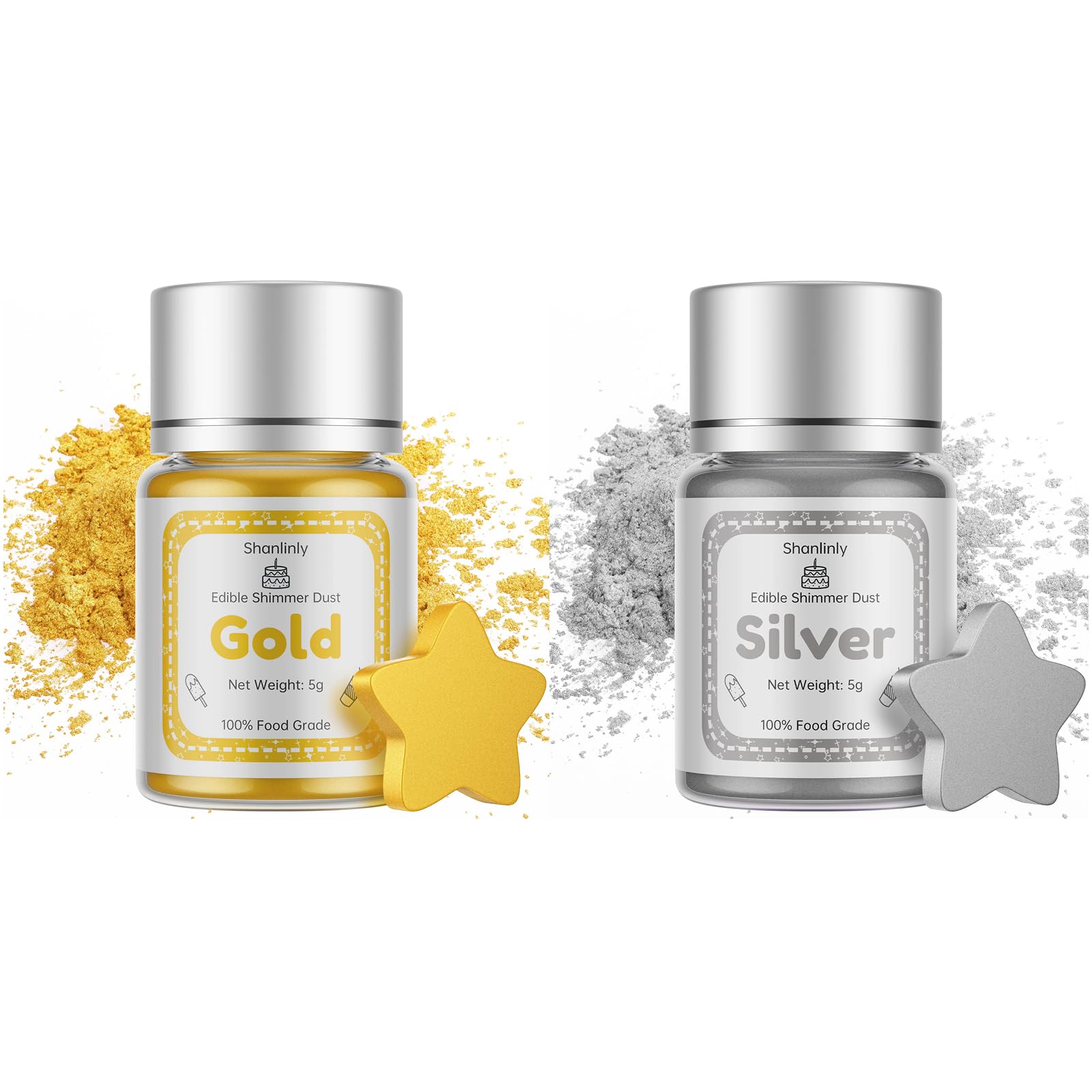Gold Silver Luster Dust Edible Set - 5g Food Grade Gold Cake Dust Shimmer Powdered, Vegan Silver Edible Metallic Food Coloring P
