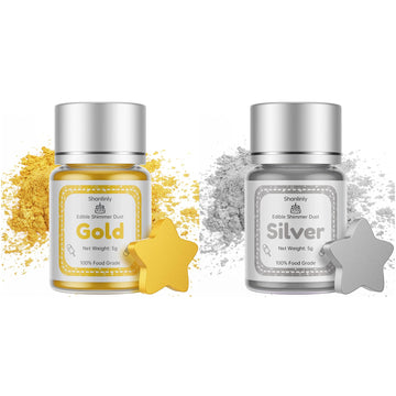 Gold Silver Luster Dust Edible Set - 5g Food Grade Gold Cake Dust Shimmer Powdered, Vegan Silver Edible Metallic Food Coloring P