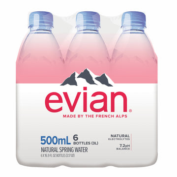 Evian Natural Spring Water, Ph Balanced With Natural Electrolytes, 16.9Fl Oz./500Ml Bottles (Pack Of 6)