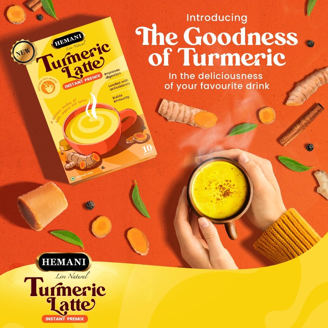 Hemani Organic Turmeric Latte Instant Premix - Caffeine Free - 220g Sachets - Golden Latte & Milk Mix
