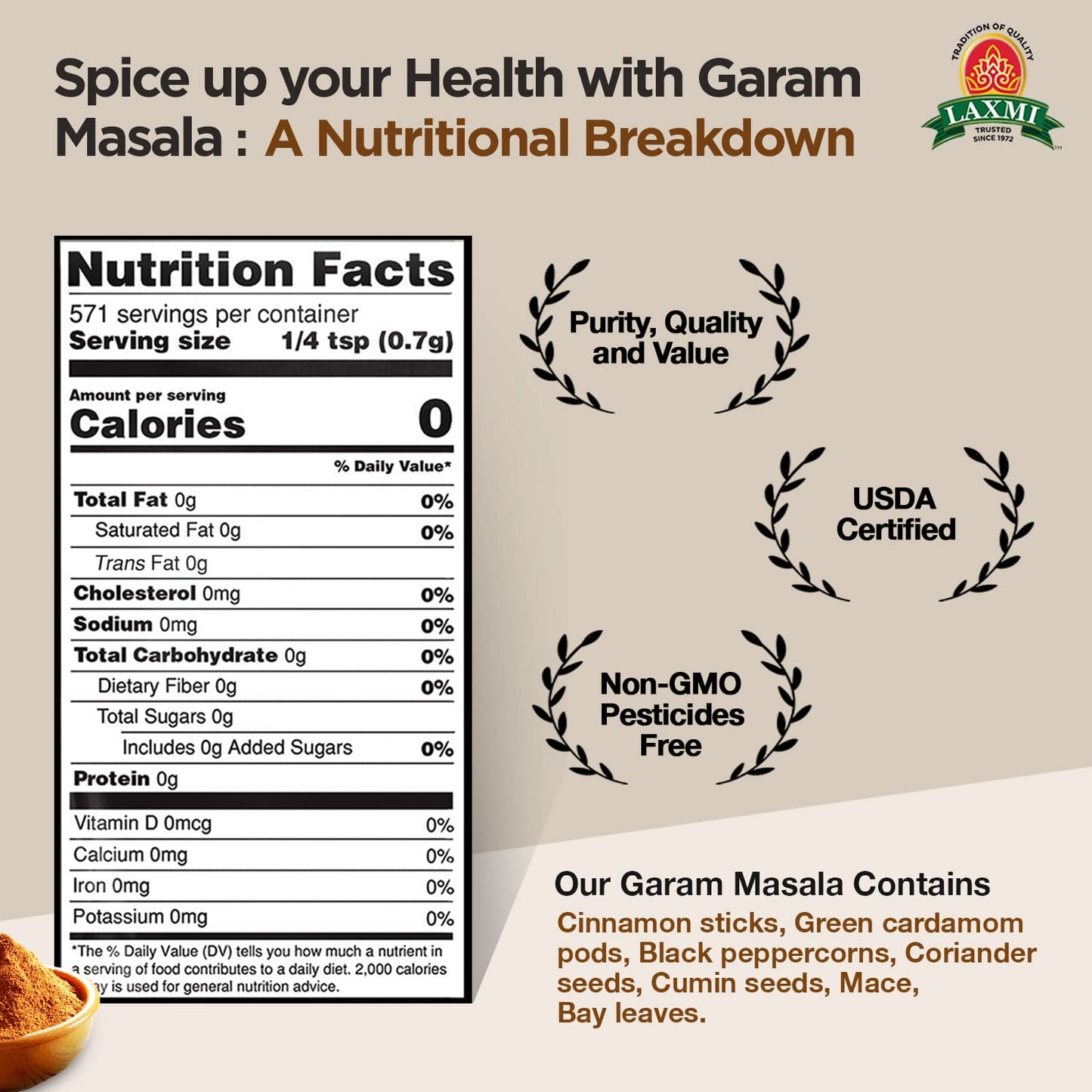 Laxmi Garam Masala 14 Oz (400Gm) | A Spicy And Aromatic Blend Of Our Various Salt Free Seasonings And Spices | Non-Gmo Product | For Cooking And Seasoning