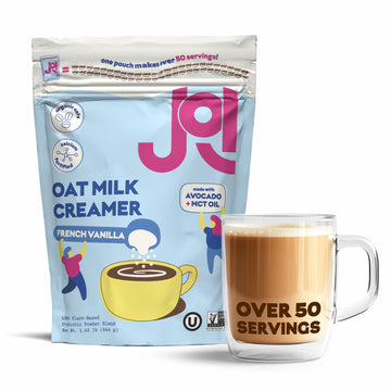 Oat Milk Coffee Creamer, French Vanilla. Makes over 50 servings. Vegan, Non-Dairy, Plant Based, Kosher, Shelf-Stable, and Gluten