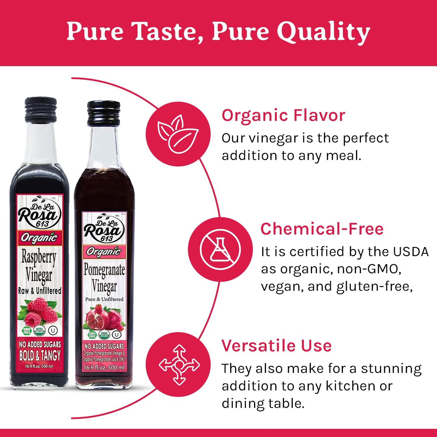 De La Rosa Organic Raspberry & Pomegranate Vinegar, Raw & Unfiltered, Vegan, Gluten Free & Kosher, Great For Organic Salad Dress