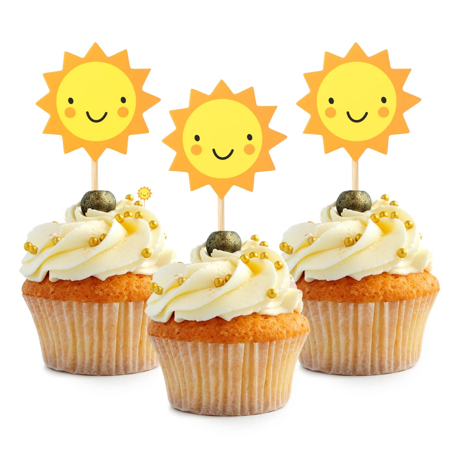 Hokpa 24Pcs Sun Cupcake Toppers Sun Flower Smiley Sunshine Sun Cake Decoration Food Fruit Picks For Baby Shower Birthday Wedding