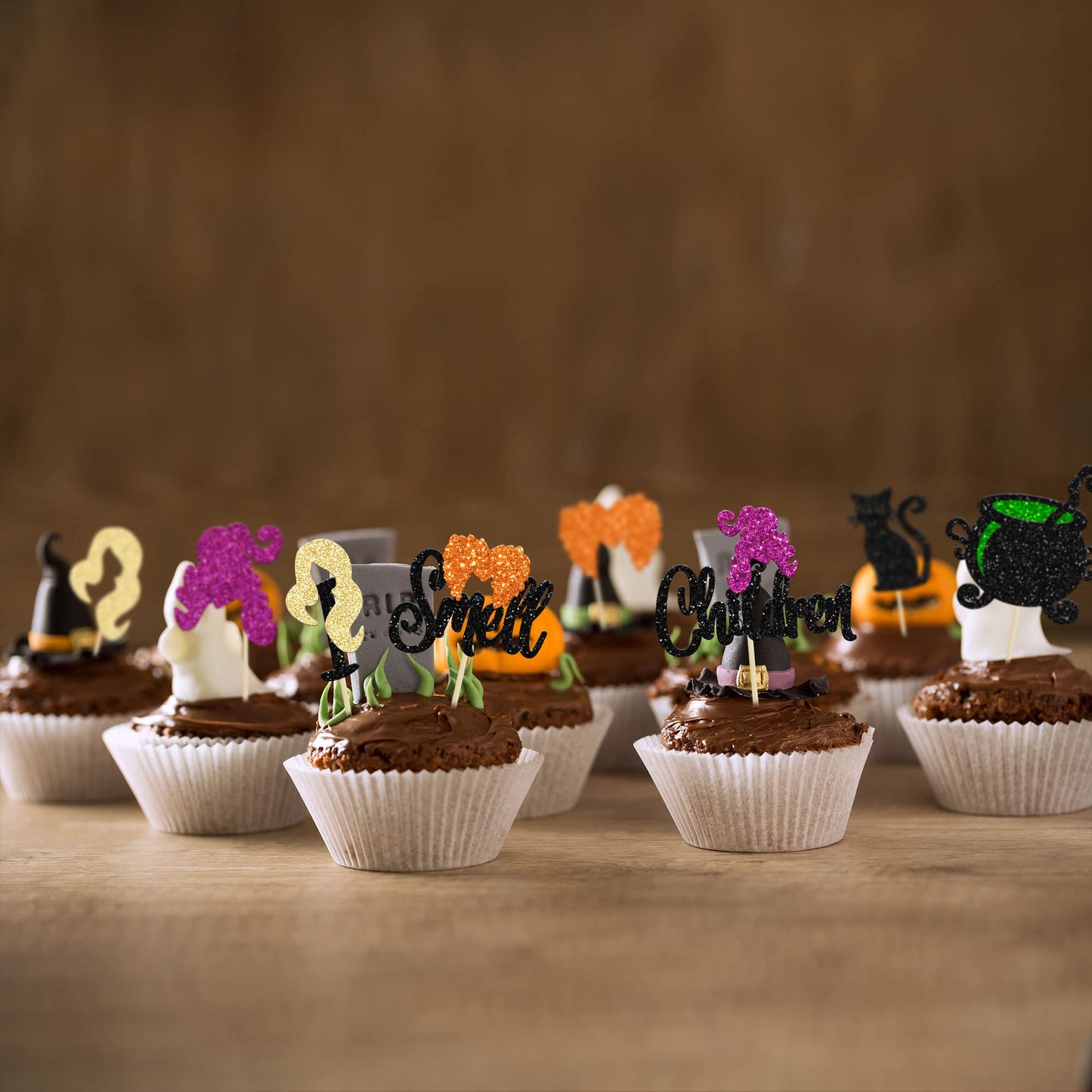 Gyufise 24Pcs Hcus Pous Cupcake Toppers Glitter Witch Hair I Smell Children Halloween Cupcake Picks For Halloween Hocus Pocus Th