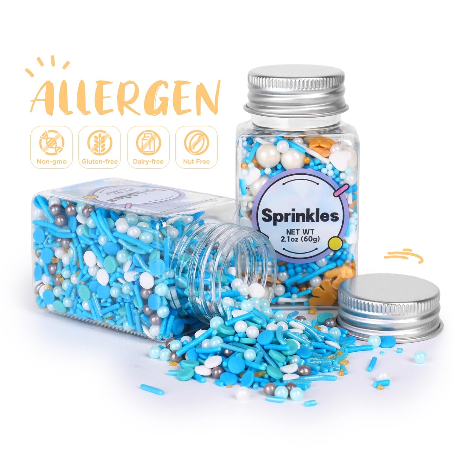 Edible Blue Sprinkles Mix, Blue Confetti Jimmy Sprinkles, Gold Sanding Sugar, Pearl Sprinkles, Gold Crown Sprinkles For Cake Dec