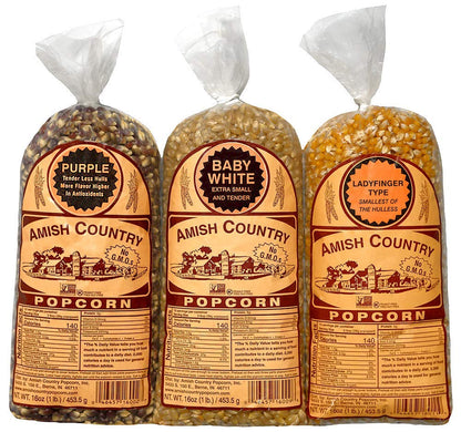 Amish Country Popcorn | 3-1 lb Bags | 1 lb Baby White, 1 lb Ladyfinger, and 1 lb Purple Popcorn Kernels Variety Pack | Old Fashi