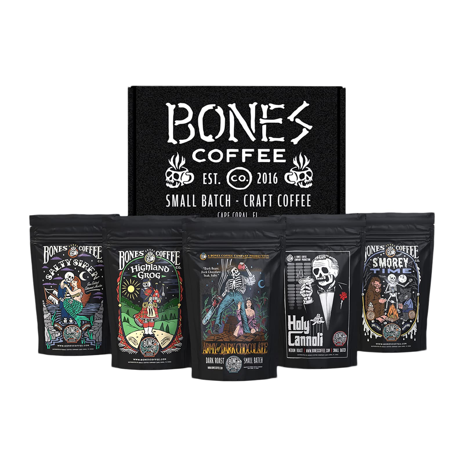 Bones Coffee Company New Flavors! Favorite Flavors Sample Pack | 4 Oz Pack Of 5 Assorted Whole Coffee Beans | Low Acid Medium Roast Gourmet Beverages
