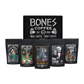Bones Coffee Company New Flavors! Favorite Flavors Sample Pack | 4 Oz Pack Of 5 Assorted Whole Coffee Beans | Low Acid Medium Roast Gourmet Beverages
