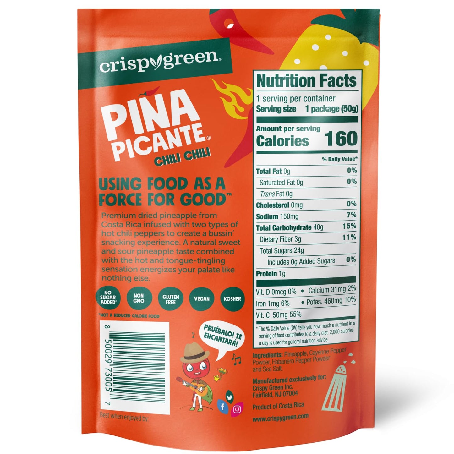 Crispy Green Pia Picante, Double Chili Dried Pineapple, Healthy Real Fruit Snacks, 12 Bags, 1.76 Ounces Each