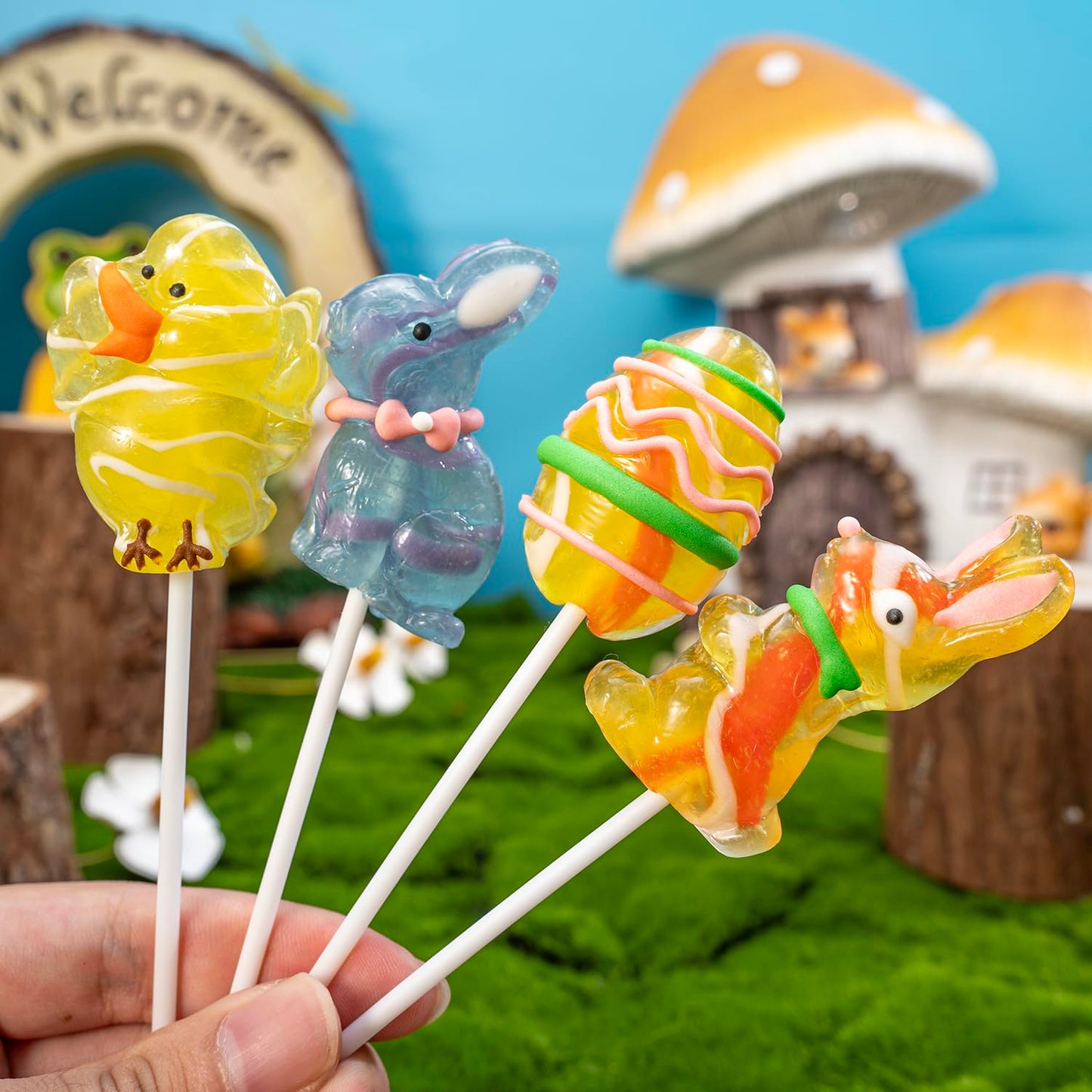wanEOS Easter Lollipops, 24-Pack Assorted Fruit Flavors, Rabbit, Egg, Duck Shapes, Individually Wrapped for Goodie Bags