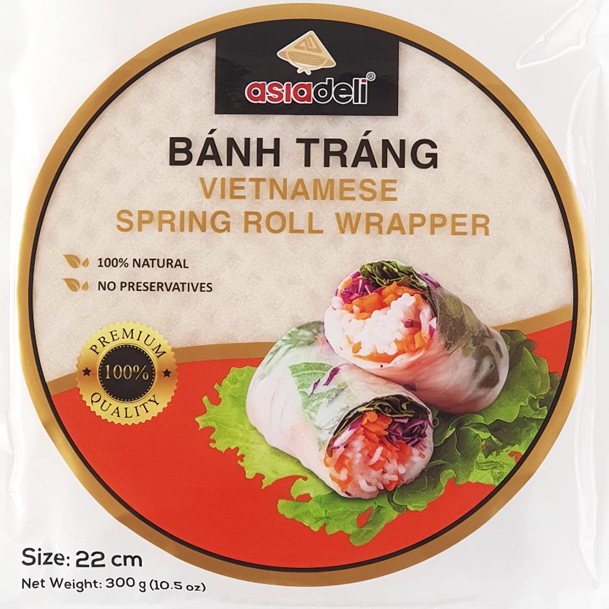 ASIADELI Rice Paper - Premium Vietnamese Spring Roll Wrapper, 30-32 Sheets, 10.5 oz, Round 22cm, Pack of 1 Bag