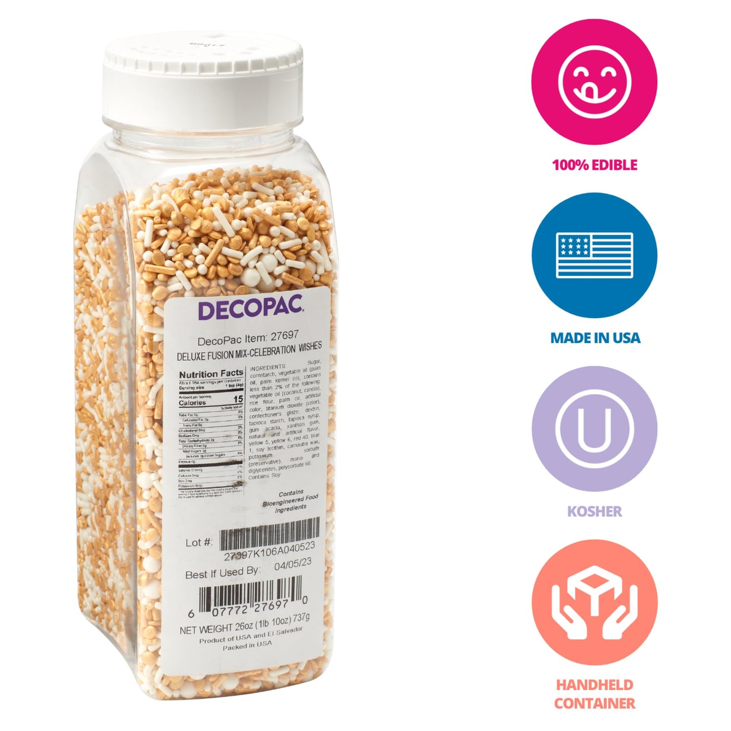 Decopac Gold Celebration Wishes Fusion Mix Candy Sprinkles, 26Oz, Fancy Festive Sprinkles In Handheld Container, Edible Sprinkles For Celebration Cakes, Cupcakes, Cookies And Donuts For Christmas
