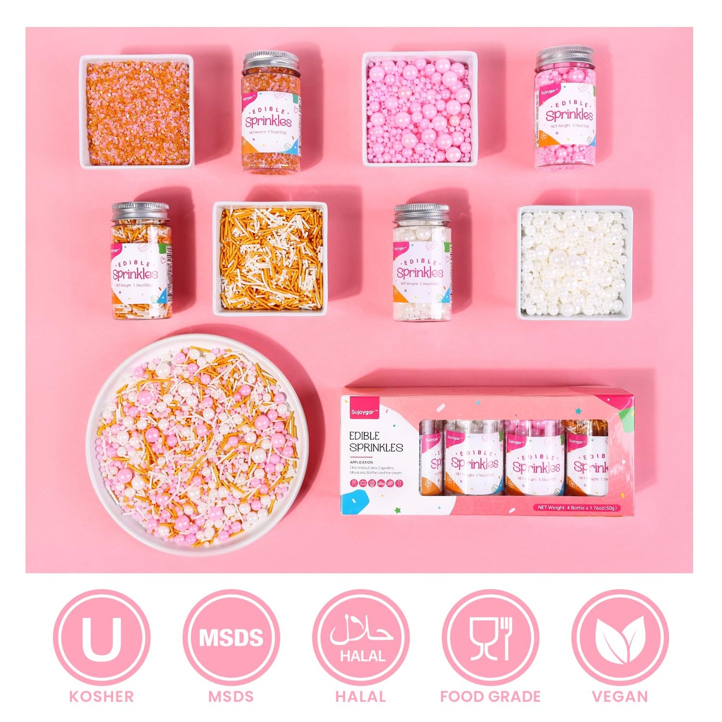 Pink Sprinkles Set, Sujoygar Edible Valentines Cake Sprinkles, Fancy Pink Gold White Sprinkles Mix For Cake Decorating Cupcakes