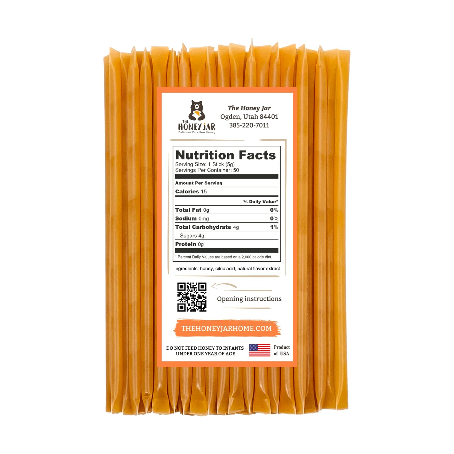The Honey Jar Peach Flavored Raw Honey Sticks - 50 Count Pack - Pure Honey Straws for Tea and Coffee