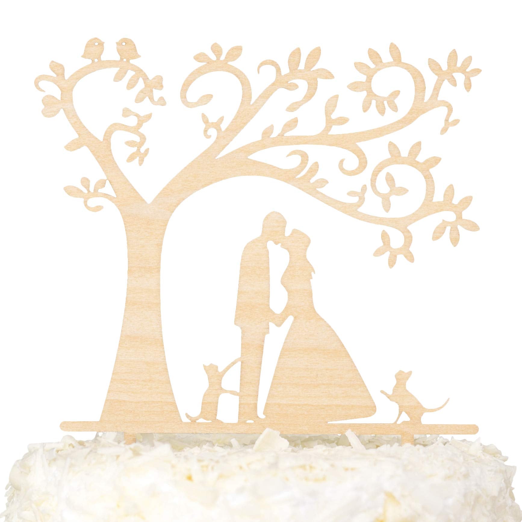 LOVENJOY Wooden Wedding Cake Topper Couple with Cats, 5.9x6.8 Inches, Beige, Model ZBTX-179-2C