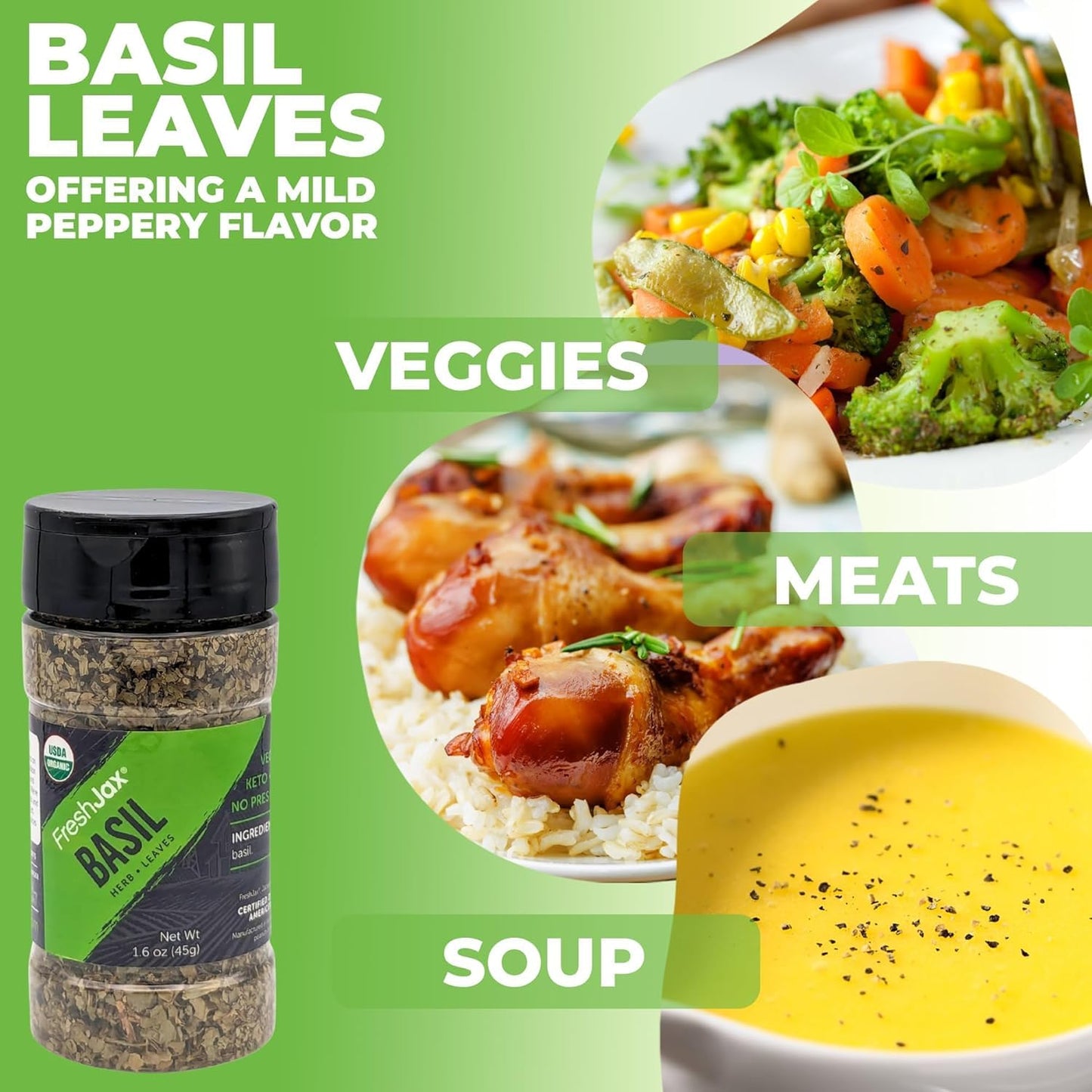 Freshjax Organic Basil Leaves (1.6 Oz Bpa-Free Bottle) Non Gmo, Gluten Free, Kosher, Keto, Paleo, No Preservatives Dried Basil L