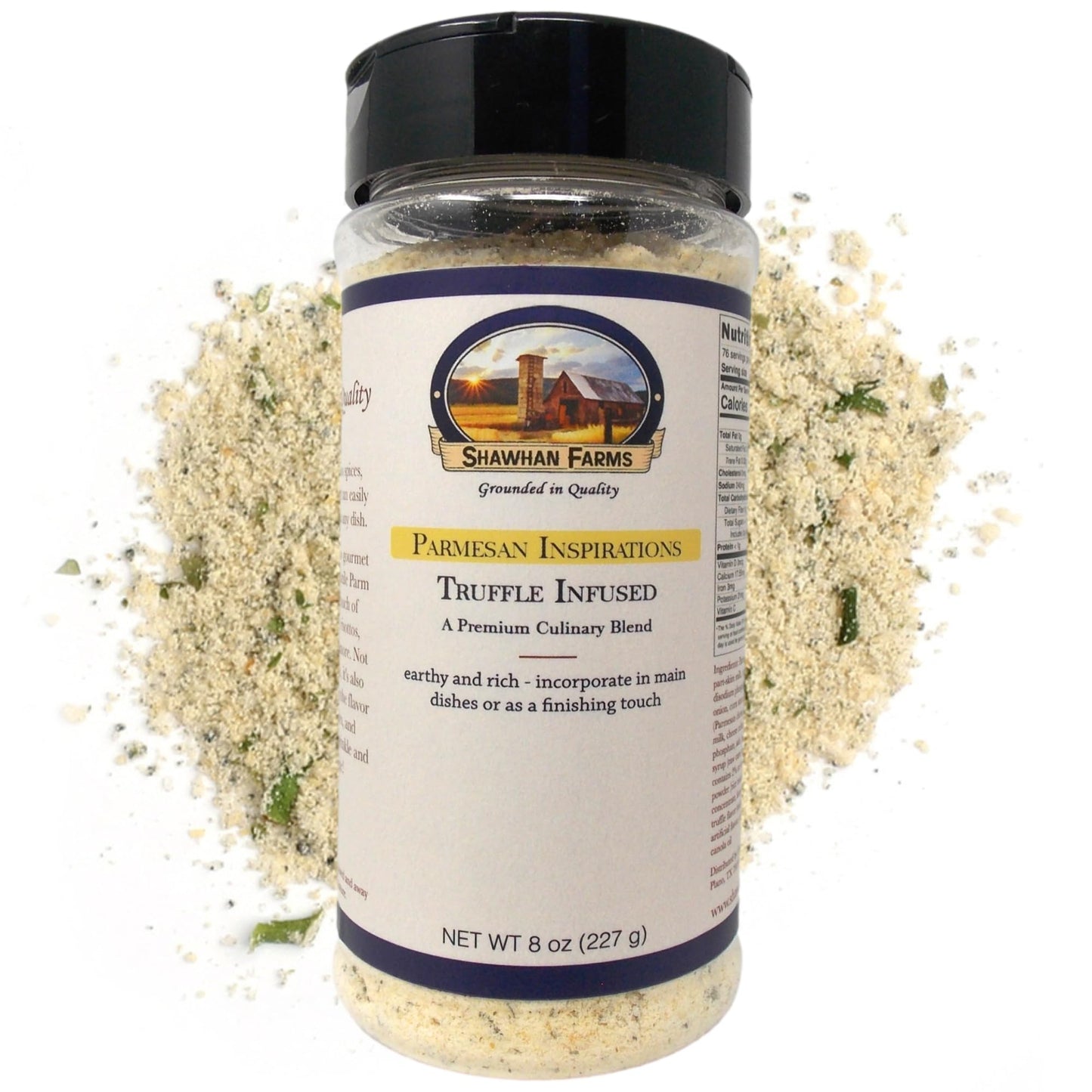 Shawhan Farms Truffle Infused Parmesan Seasoning, Real Parm Cheese Topper with Black Garlic, Small Batch USA, 8 oz Shaker