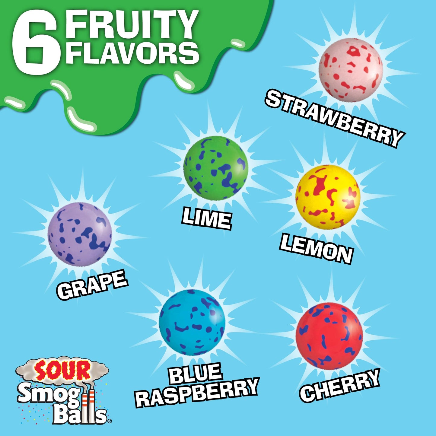 Toxic Waste - Sour Smog Balls - Crunchy & Chewy Sour Balls - Lime, Cherry, Strawberry, Lemon, Blue Raspberry, & Grape Flavors -