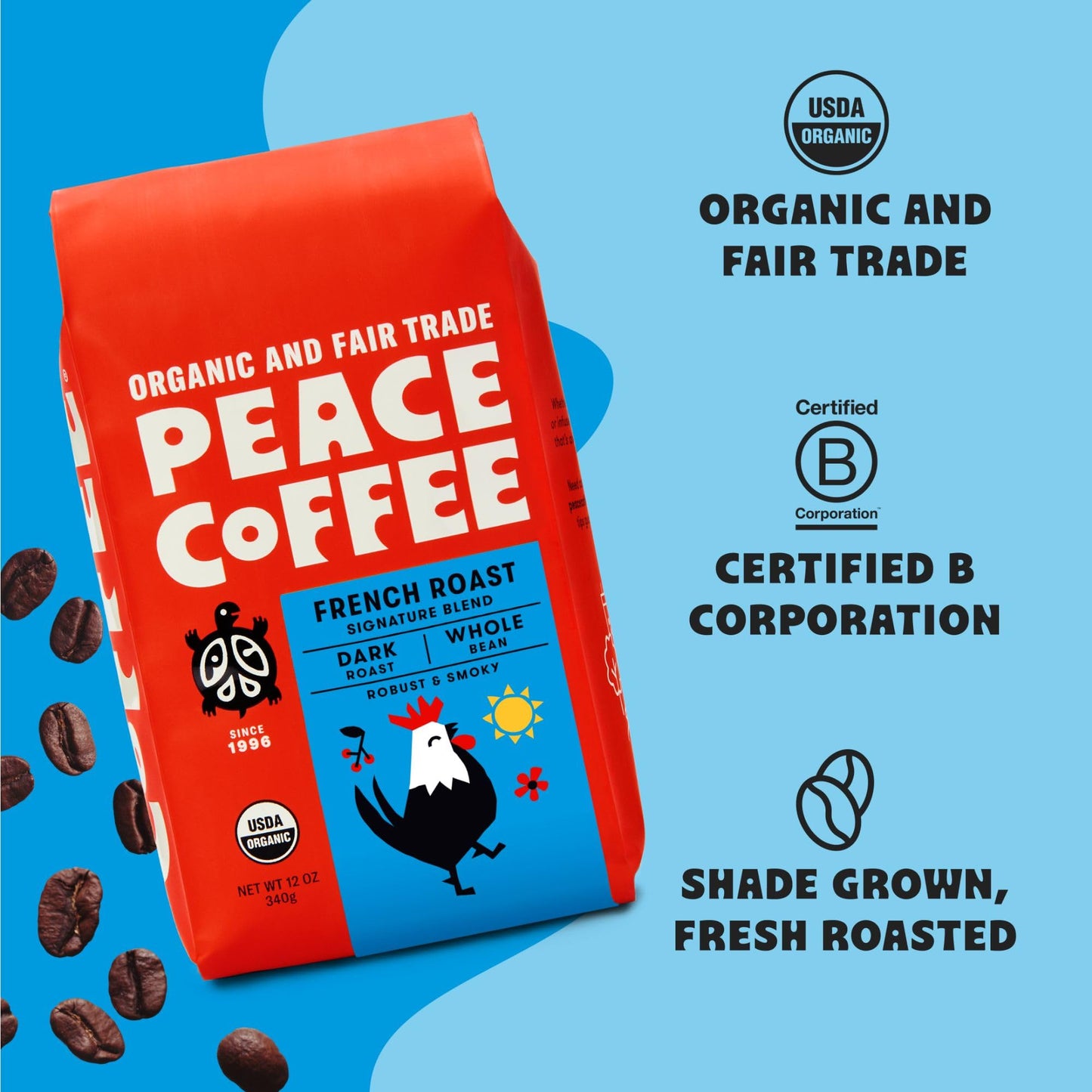 Peace Coffee French Roast (Peru Origin), Organic Fair Trade Dark Roast Coffee, Whole Bean 20 Oz. Bag