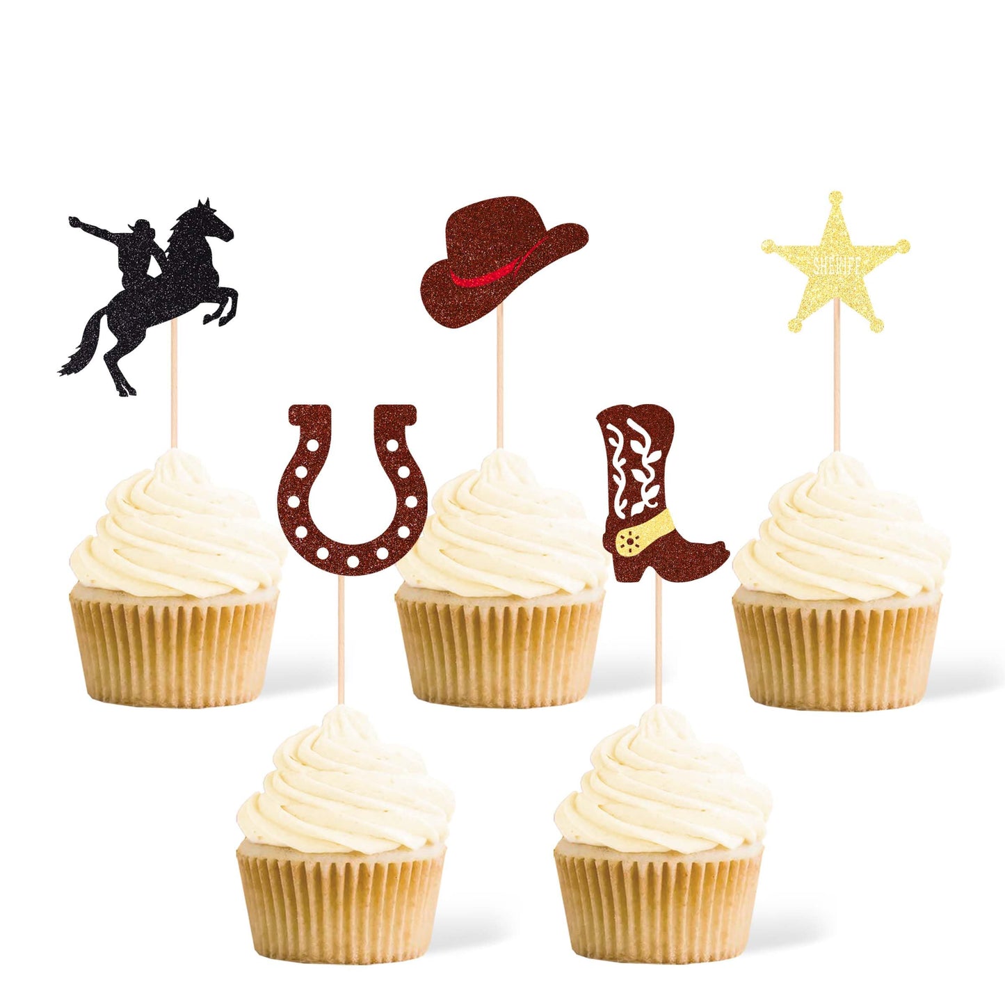 Gexolenu 30 PCS Cowboy Cupcake Toppers 5 Shapes Glitter Double-Sided HorseShoe Cowboy Hats Boots Cupcake Picks For Western Theme