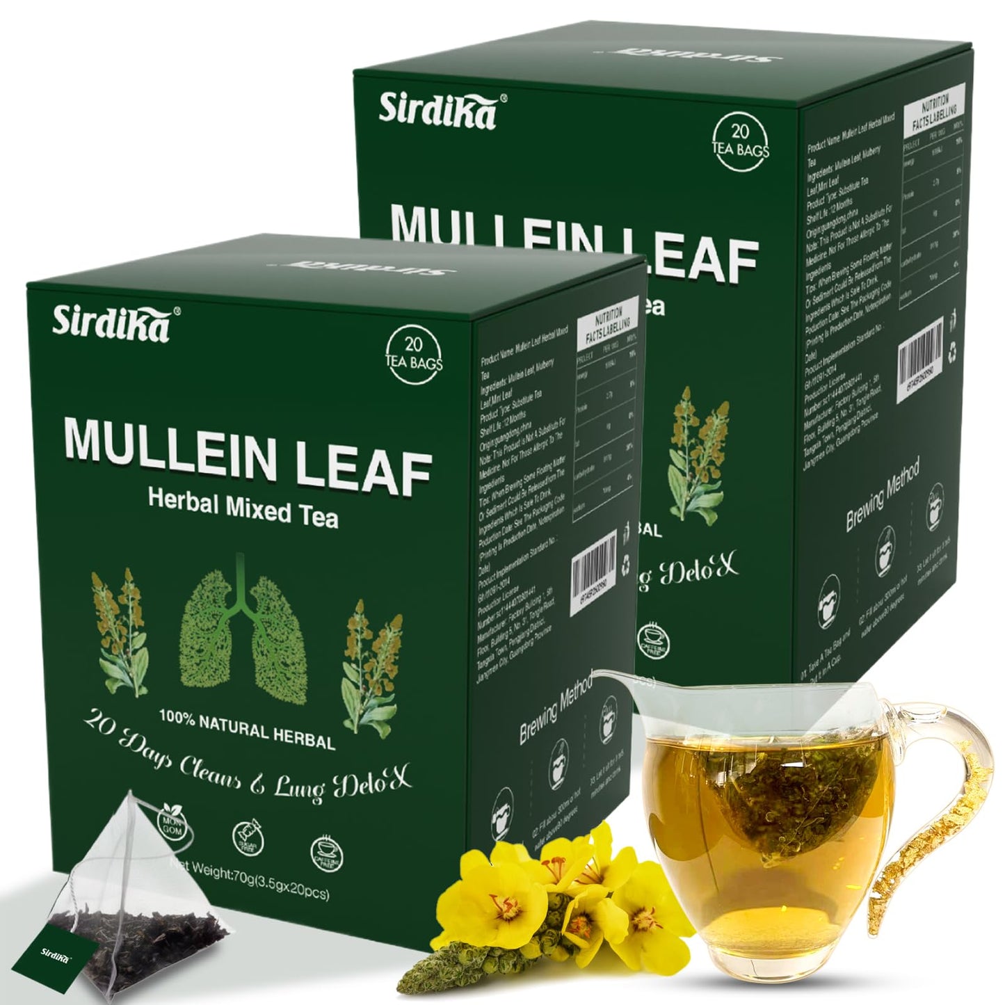 SIRDIKA Mullein Tea Bags - 20 Teabags, 100% Pure Natural Herbal Tea, Caffeine Free, 2 BOX