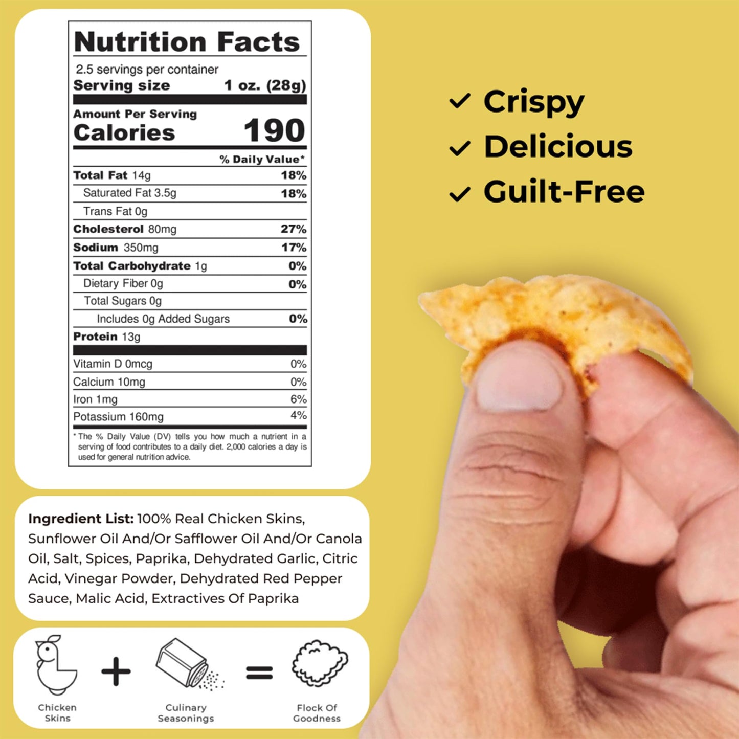Flock Keto Chicken Skin Chips | Tapatio Flavor | Low Carb, High Protein, Sugar Free, Gluten Free Fried Chicken Skins - Chicken C