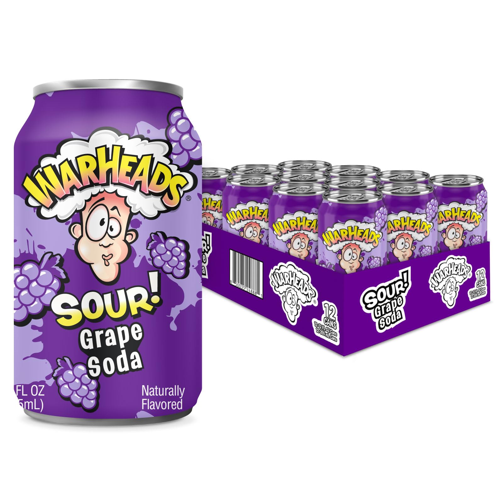 Warheads Sour Fruity Soda - Classic Flavors, Sweet and Sour, 12oz Cans, Pack of 12, Grape, Purple