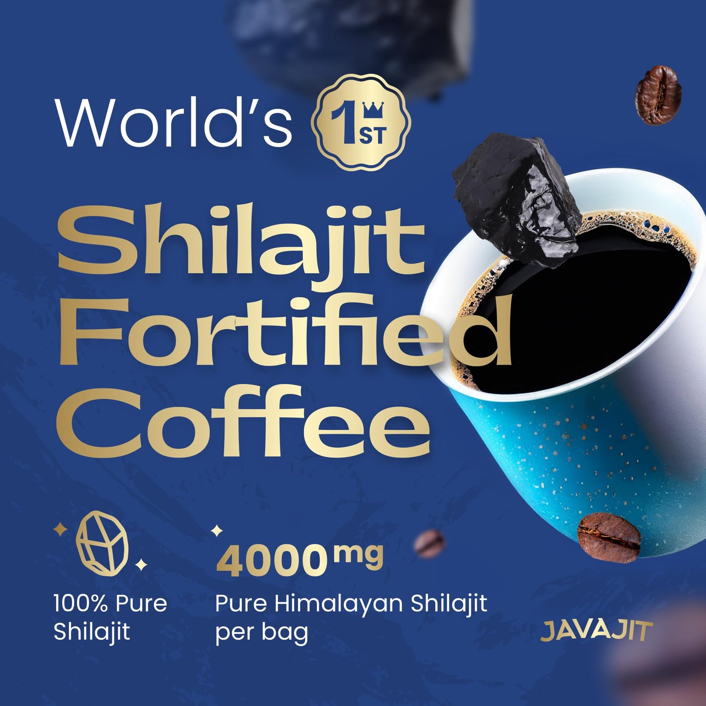 Javajit Shilajit Infused Organic Coffee - Colombian Medium Roast, 12 oz, Brown, 250mg Shilajit per Serving, 16 Servings