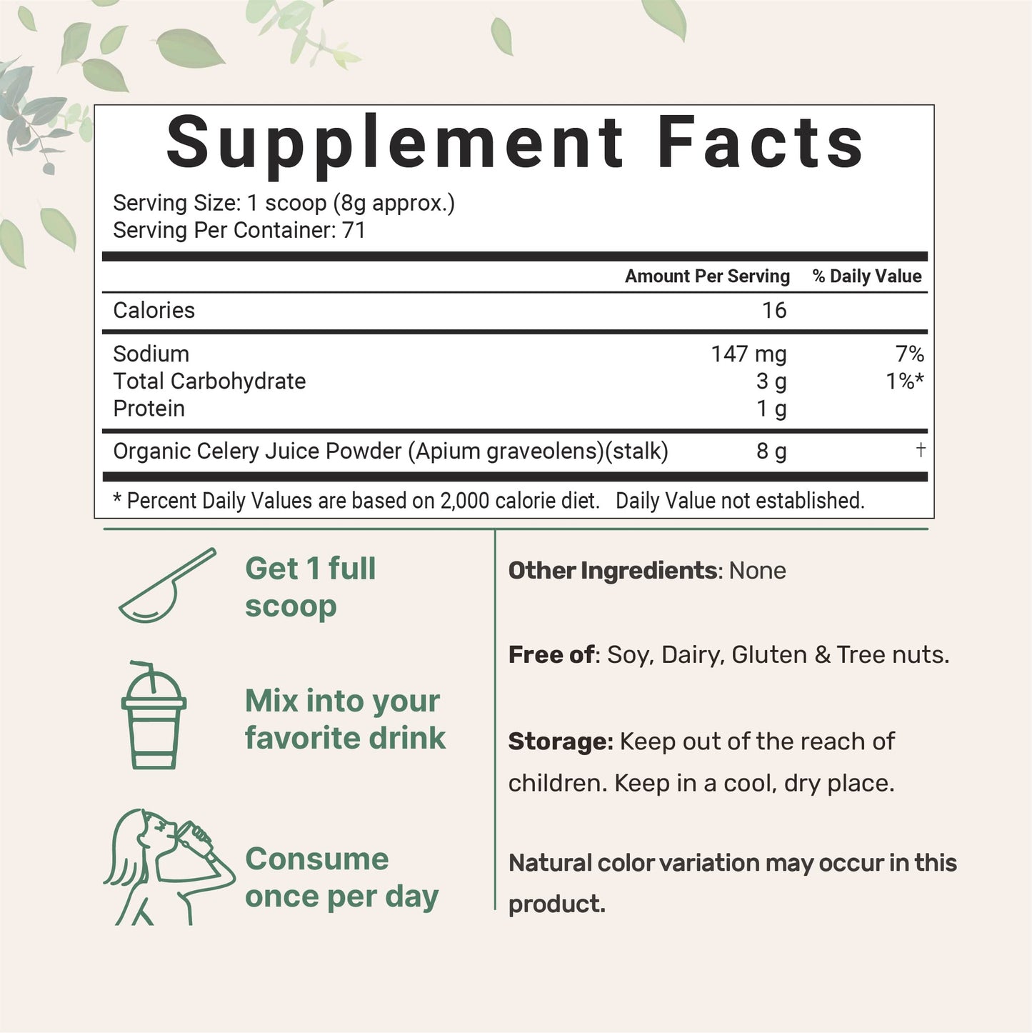 Organic Celery Juice Powder, 20 Ounce (1.25 Pound), 70 Serving, Celery Detox and Cold Pressed, Boosts Immune System, Energy and