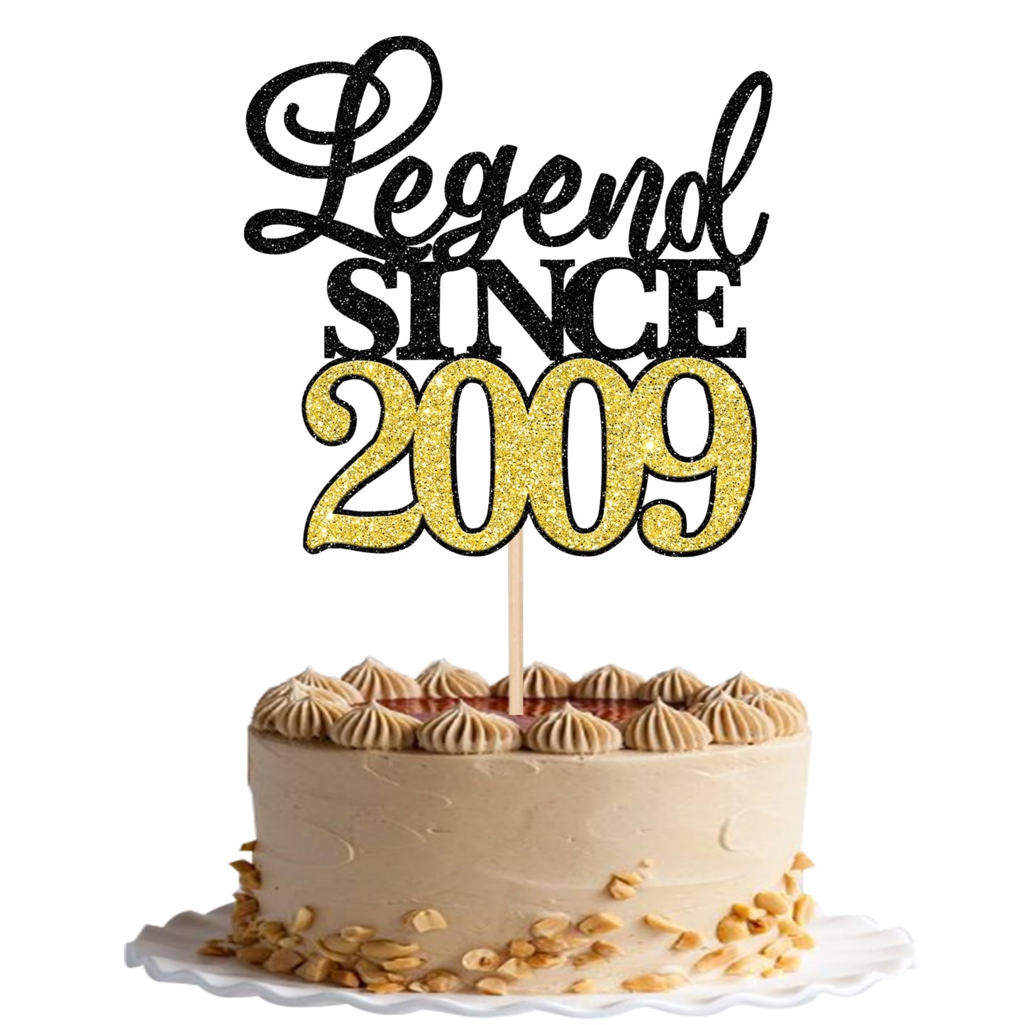 Rsstarxi Cake Topper Glitter 16th Birthday Decoration, Black Gold, Happy Since 2009, Suitable for Parties and Anniversaries