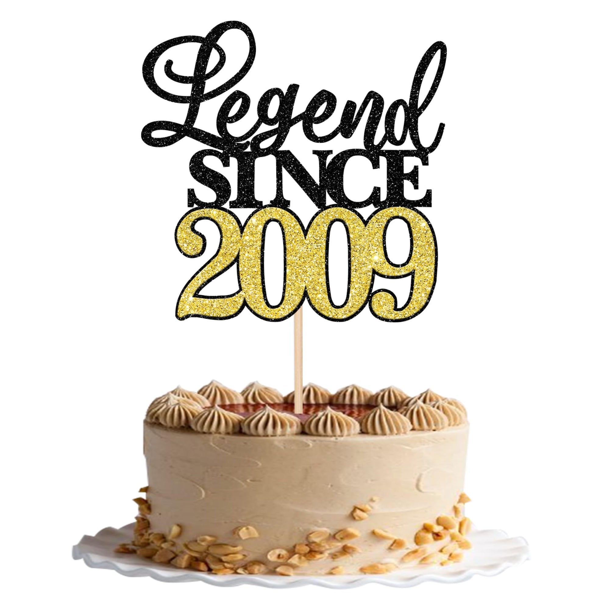 Rsstarxi Cake Topper Glitter 16th Birthday Decoration, Black Gold, Happy Since 2009, Suitable for Parties and Anniversaries