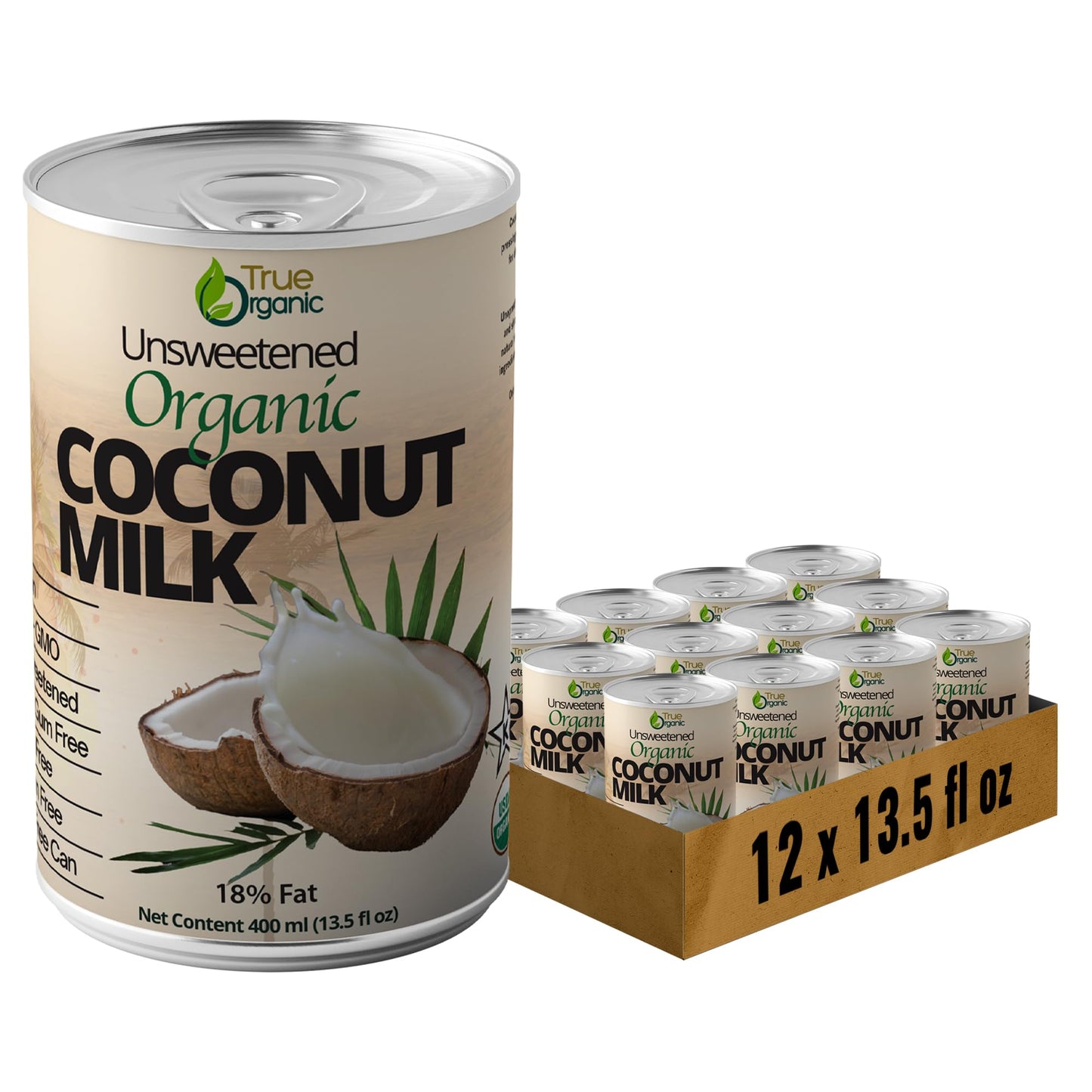 True Organic Unsweetened Coconut Milk 13.5 Fl oz - No Guar Gum  Gluten-Free  Vegan and Kosher - 18% Coconut Milk Fat (12-Pack)