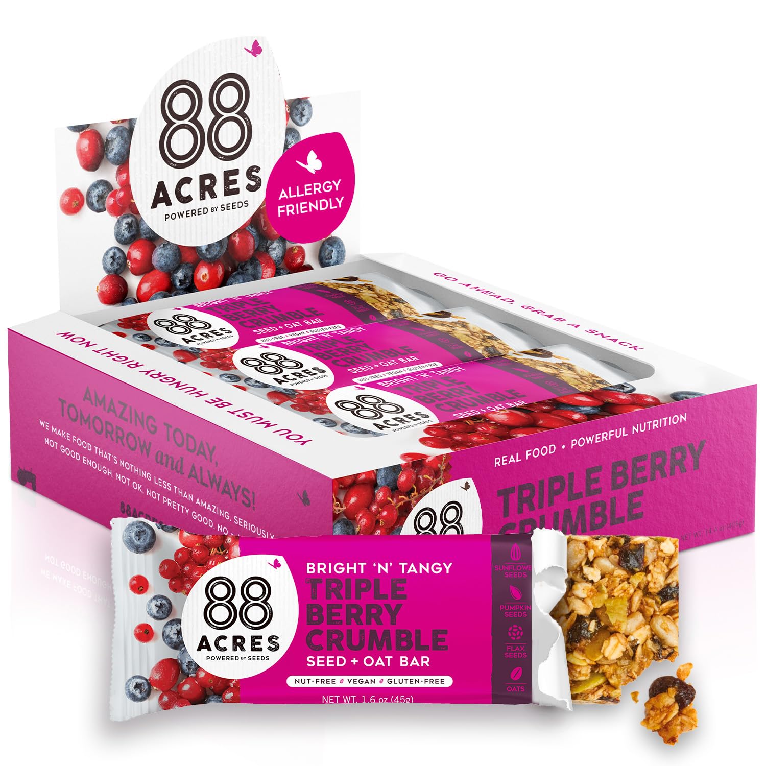 88 Acres Granola Bars | Triple Berry | Gluten Free, Nut-Free Oat And Seed Snack Bar | Vegan & Non Gmo | 12 Pack