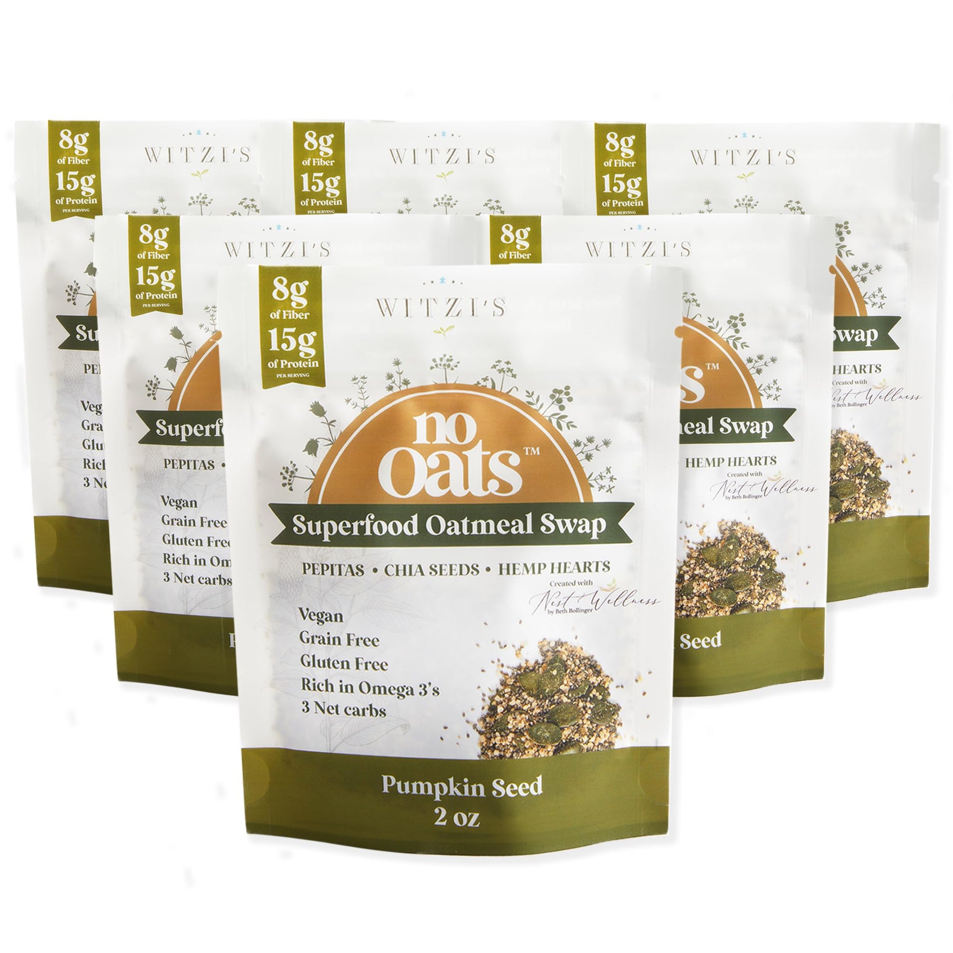 Witzi's No Oats Oatmeal Alternative, Pumpkin Seed, 2oz (Pack of 6), Made with Chia Seeds, Cinnamon & Pumpkin Seeds, Grain Free, 
