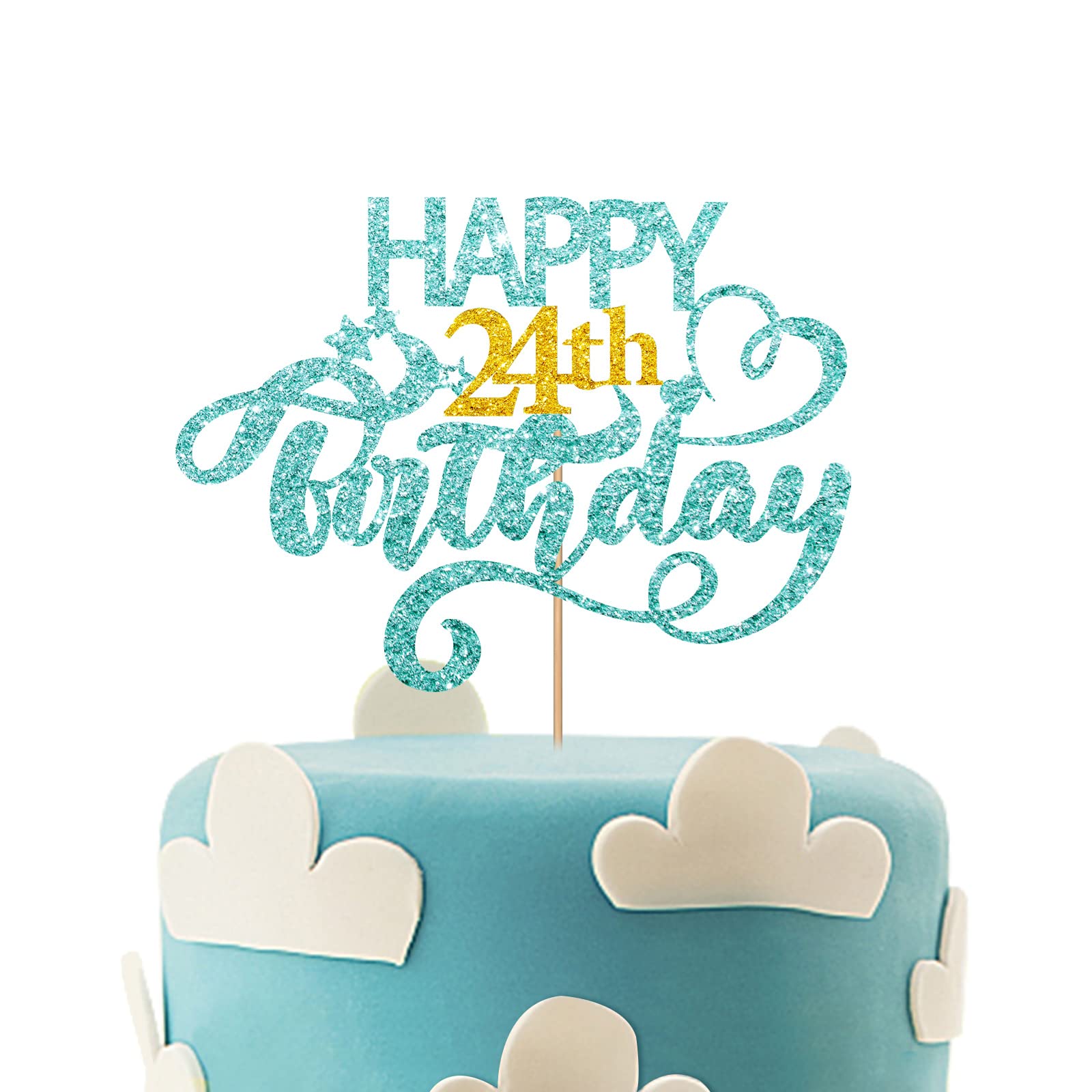 Sky Blue Glitter Happy 24Th Birthday Cake Topper, Twenty Four Years Old Birthday Party Cake Decor, Gold Number 24 Birthday Party