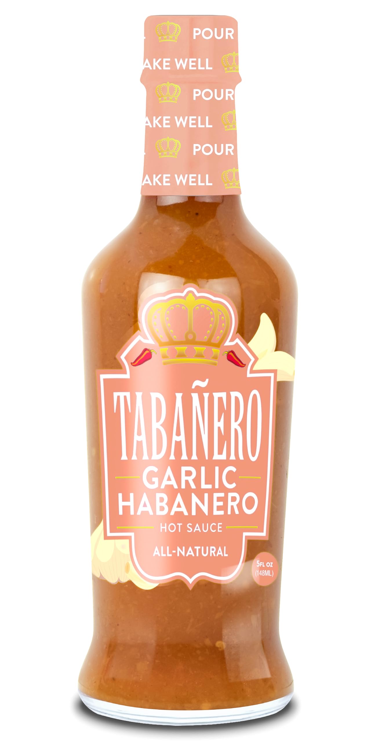 Tabanero Garlic Habanero Hot Sauce, All Natural, Low Sodium, 5 oz Glass Bottle