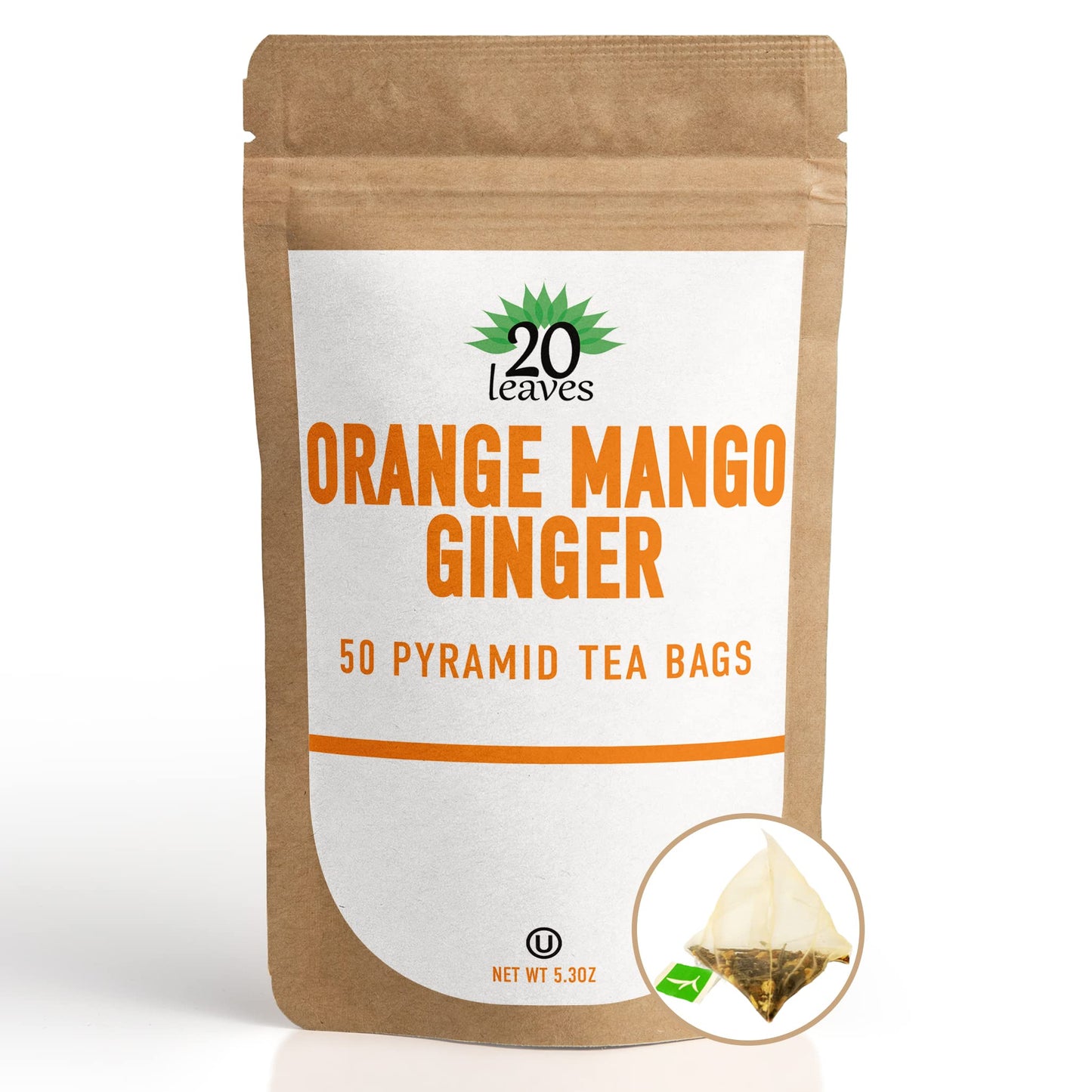 Orange Mango Ginger Green Tea - 50 Pyramid Tea Bags Sachets In A Resealable Bag
