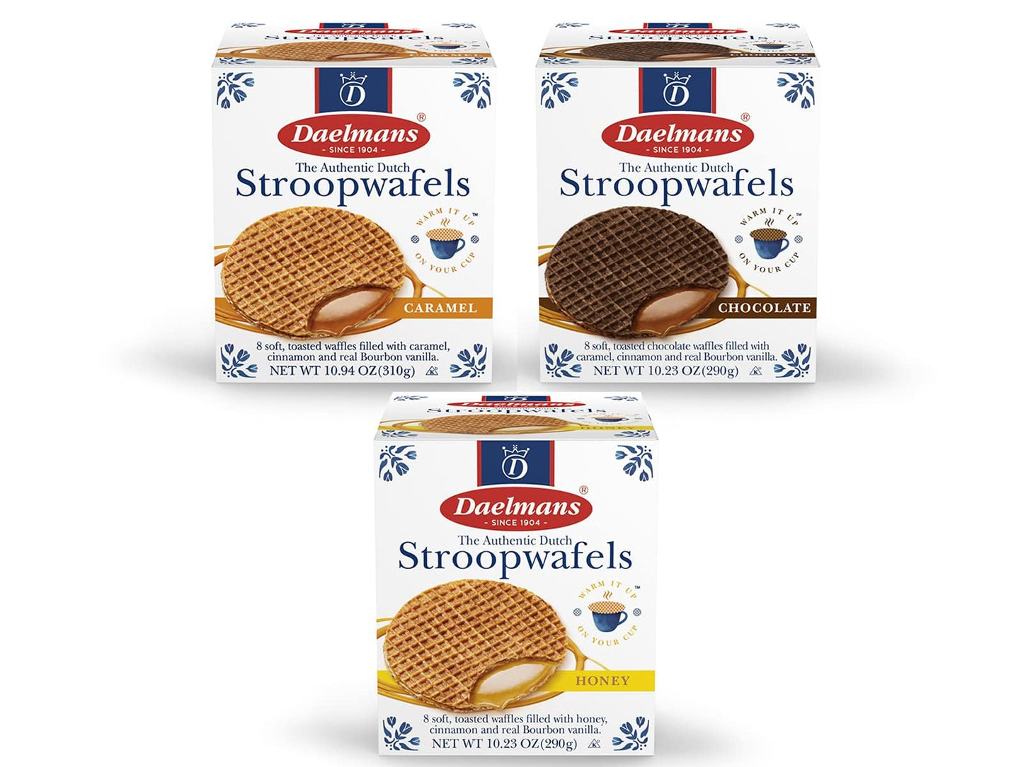 Daelmans Stroopwafel Variety Pack - Caramel, Chocolate, & Honey Waffle Cookies, Sweet Snack for Coffee & Tea, Authentic Soft Toasted Dutch Waffles, Certified Kosher Dairy - Pack of 3