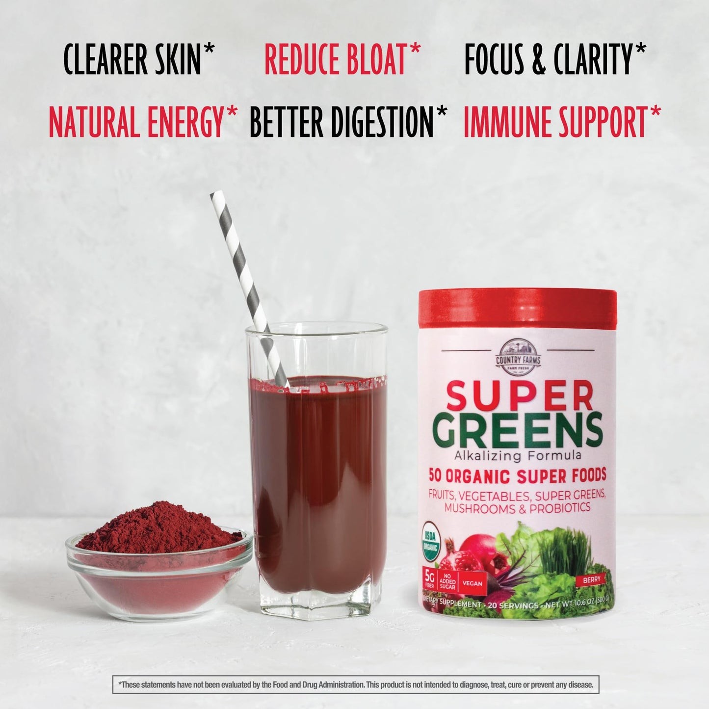 Country Farms Super Greens Drink Mix, Berry Flavor, 50 Organic Super Foods, 10.6 Ounce, USDA Organic, Red