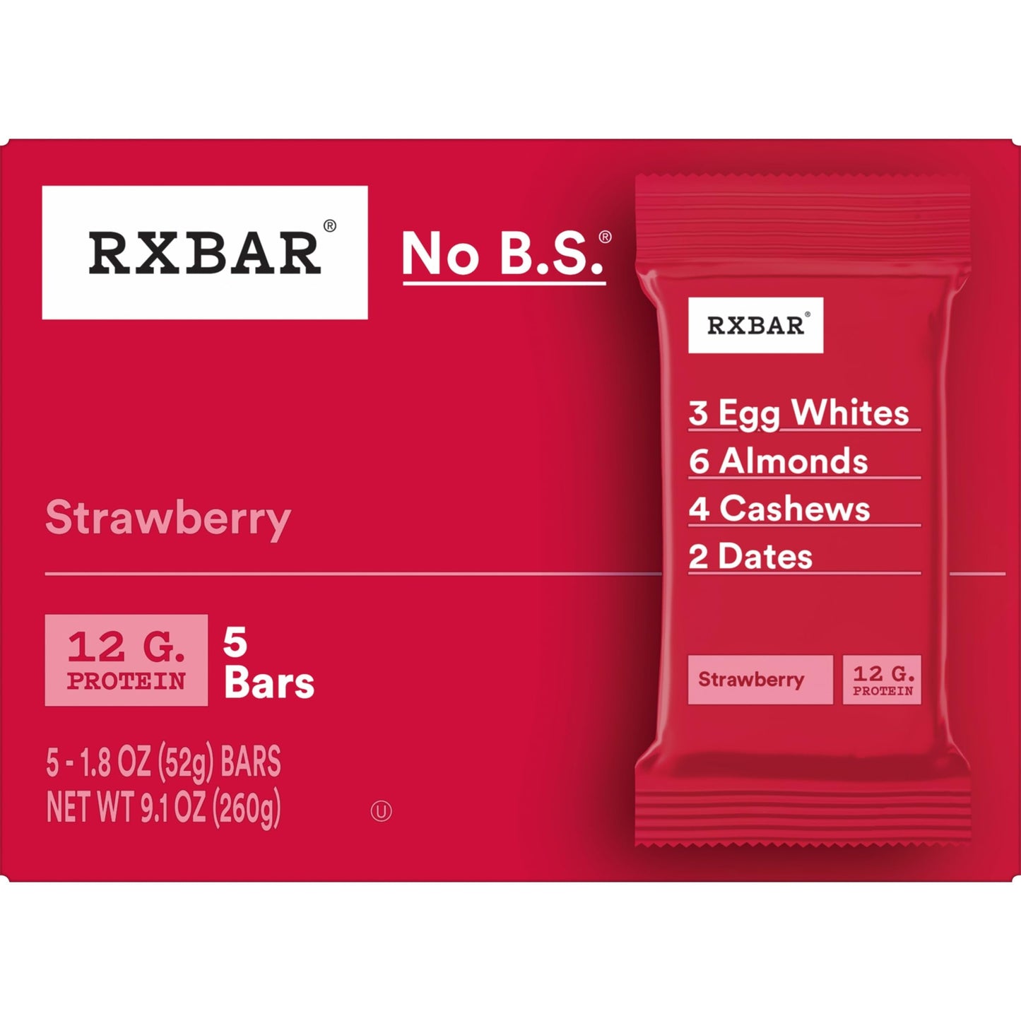 RXBAR Protein Bars, 12g Protein, Gluten Free Snacks, Strawberry, 9.1oz Box (5 Bars)
