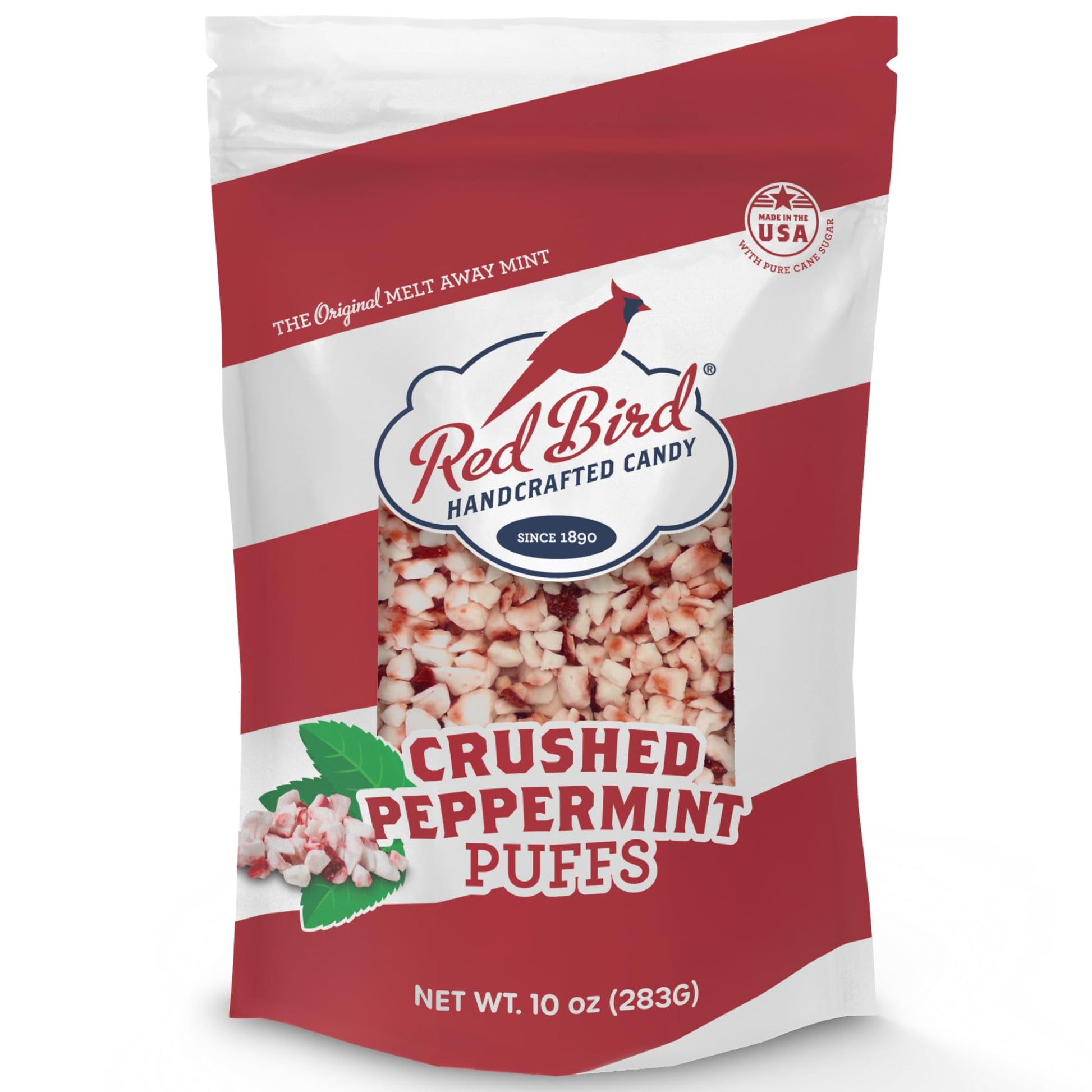 Red Bird Crushed Peppermint Puffs  No High-Fructose Corn Syrup  Soft Crushed Peppermint Candy Topping For Baking  Ice Cream & Drinks  10 Oz Bag