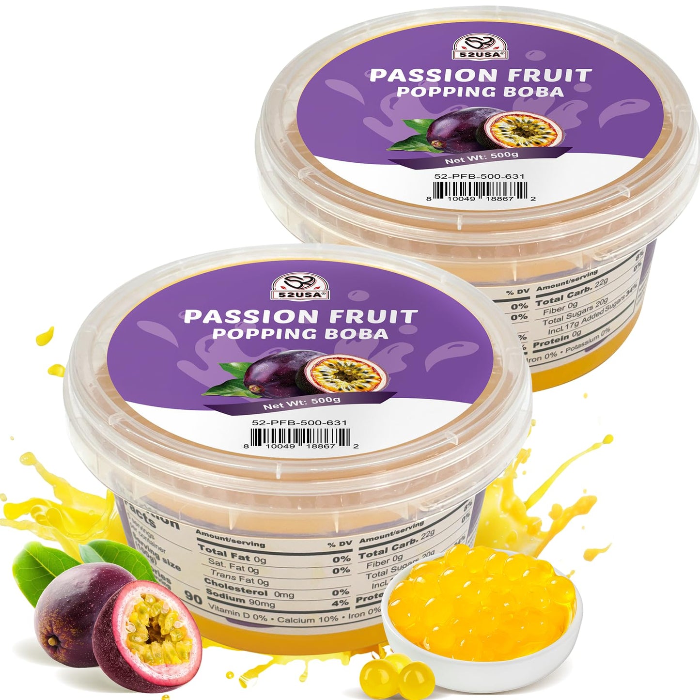 52USA Passion Fruit Popping Boba (1000g)  Bursting Popping Pearls for Bubble Tea  Beverages  Sweets  Ice Cream  Shakes  Desserts & Smoothies Topping  1.1 Pound (Pack of 2)